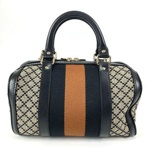 Gucci Leather Boston Navy Handbag Sherry Striped Shoulder Logo Blue Bag Canvas